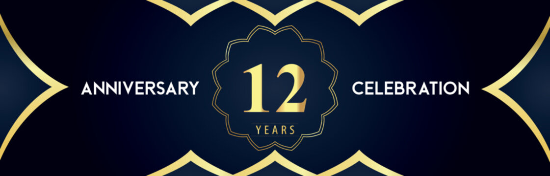 12 years anniversary celebration logo with gold decorative frames on dark blue background. Premium design for booklet, banner, weddings, happy birthday, greetings card, graduation, ceremony, jubilee.