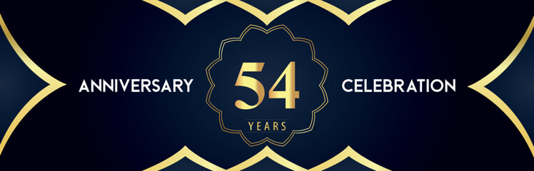 54 years anniversary celebration logo with gold decorative frames on dark blue background. Premium design for booklet, banner, weddings, happy birthday, greetings card, graduation, ceremony, jubilee.