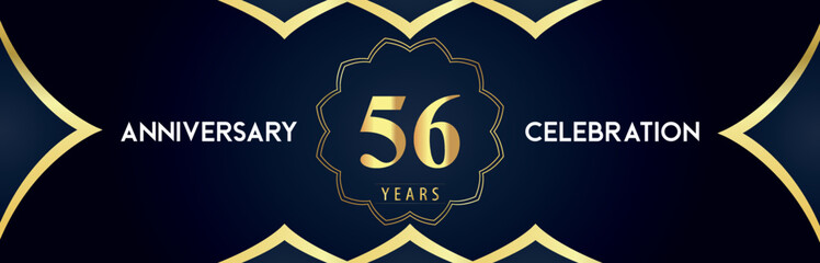 56 years anniversary celebration logo with gold decorative frames on dark blue background. Premium design for booklet, banner, weddings, happy birthday, greetings card, graduation, ceremony, jubilee.