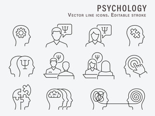 Psychology icons, such as brain, therapy, psychologist, depression and more. Editable Stroke. Vector illustration.