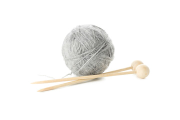 Knitting needles and yarn ball isolated on white background