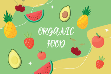 Organic food banner with fruits and healthy meal. Flat vector illustration
