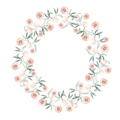 Watercolor wreath with green leaves and peaches. Illustration