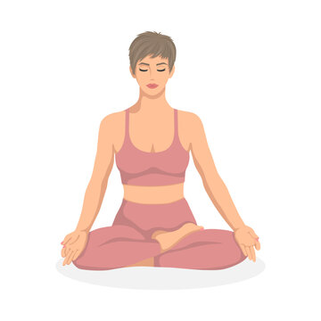 Vector image of a white girl sitting in a lotus pose, flat style