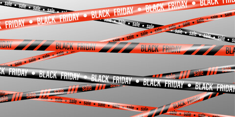 Ribbons for Black Friday sale. Template with Realistic crossing tapes for Black Friday. Stripes with border for sale. Banner with red, black ribbons. Flyer for discount, promotion, shopping. Graphic - obrazy, fototapety, plakaty