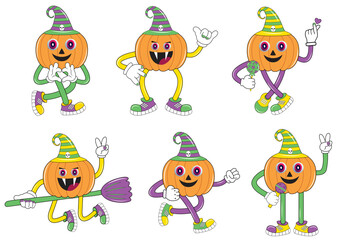 Halloween pumpkin character set in cartoon comic style. Happy halloween greeting with pumpkins. Halloween set of patches in cartoon comic style. Vintage Halloween pumpkin character design.