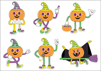 Naklejka premium Halloween pumpkin character set in cartoon comic style. Happy halloween greeting with pumpkins. Halloween set of patches in cartoon comic style. Vintage Halloween pumpkin character design.