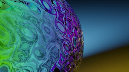 3D renderings. 3D high quality render. Giant glass orb with blue light. Crystal textured dial with a liquid pattern. Giant sphere on a colorful abstract background. artistic background with ornament