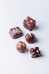 A set of chocolates made of natural ingredients on a white background. Stylish concept of beautiful desserts