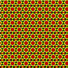 New Year, Christmas symbol eight-pointed stars, snowflakes, flowers seamless pattern in red, green and yellow colors