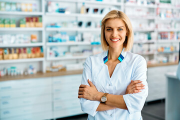 Portrait of confident female pharmacist in drugstore looking at camera. - obrazy, fototapety, plakaty