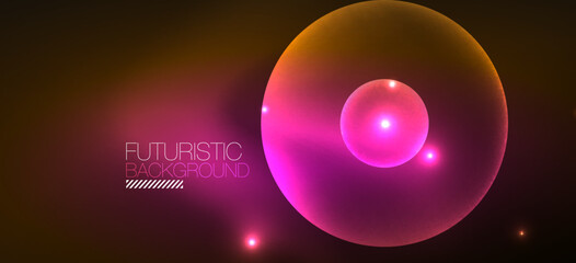 Shiny neon geometric abstract background. Glowing lights on round shapes, triangles and circles. Wallpaper for concept of AI technology, blockchain, communication, 5G, science, business