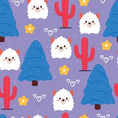 seamless pattern cartoon llama and plant. cute animal wallpaper for textile, gift wrap paper