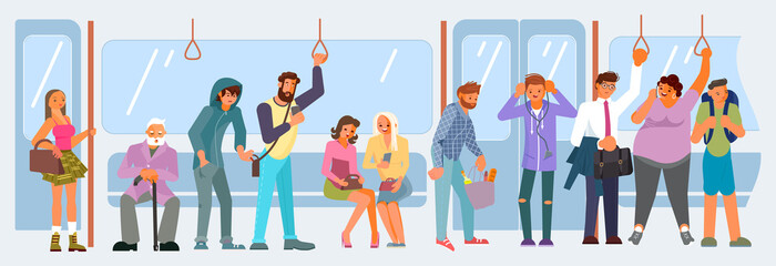 Obraz premium Different passengers inside crowded subway train illustration