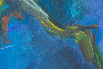 Abstract multi-colored background with oil paint . Hand-made textured background for signage and banners. A mix of turquoise, green, blue, and sand colors on the canvas. Summer artistic background.