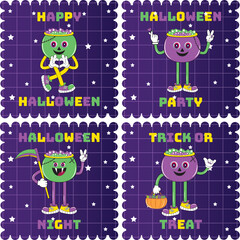 Set of cute funny happy Halloween character. Halloween set of patches in cartoon comic style. Halloween characters sticker pack. Perfect for greeting card, party invitation, sticker, badges, label,