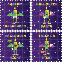 Vintage Halloween character design. Halloween set of patches in cartoon comic style. Funny happy Halloween character. Perfect for greeting card, party invitation, sticker, badges, label, Postage. 