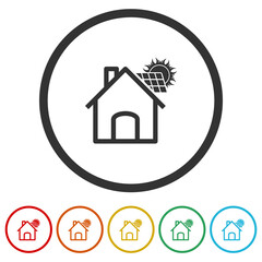 House with solar panel icon. Set icons in color circle buttons