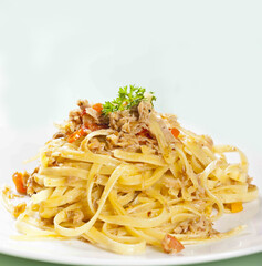 chicken fettuccini in white background 