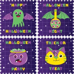 Fotobehang Vintage Halloween character design. Halloween set of patches in cartoon comic style. Funny happy Halloween character. Perfect for greeting card, party invitation, sticker, badges, label, Postage. © nhjenny