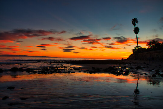 Passing winter storm at sunset on the beach in Montecito California