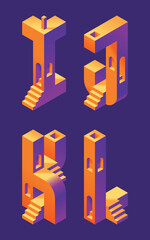 Vector font set made in 3d isometric shape with stairs and windows