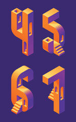 Vector font set made in 3d isometric shape with stairs and windows