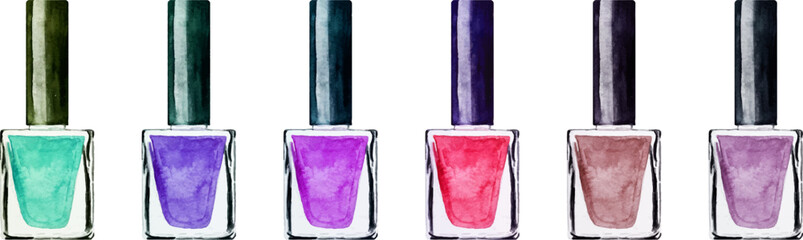 Set of watercolor rainbow nail polish isolated on white background