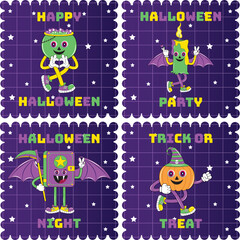 Set of cute funny happy Halloween character. Halloween set of patches in cartoon comic style. Halloween characters sticker pack. Perfect for greeting card, party invitation, sticker, badges, label, 
