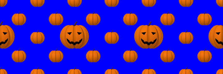pumpkins on a blue background. template for overlaying on the surface. pumpkin with a carved smile. Hellowin symbol. Banner for insertion into site. 3D visualization. 3D image