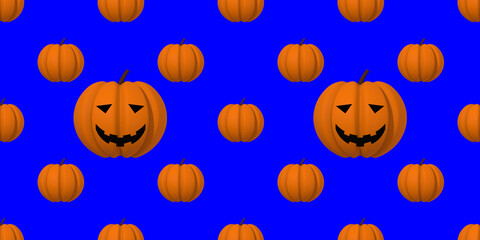 pumpkins on a blue background. template for overlaying on the surface. pumpkin with a carved smile. Hellowin symbol. Banner for insertion into site. 3D visualization. 3D image