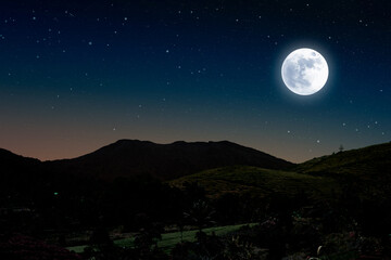 Naklejka na ściany i meble Starry night over mountain with full moon.