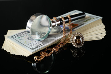 many golden and silver jewerly and money dollar usa stack, pawnshop concept, jewerly shop concept