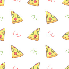 Seamless pattern with a slice of pizza in doodle style on a white background. Vector food illustration background.