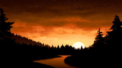 Forest sunset with river illustration.