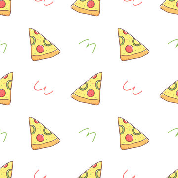 Seamless pattern with a slice of pizza in doodle style on a white background. Vector food illustration background.