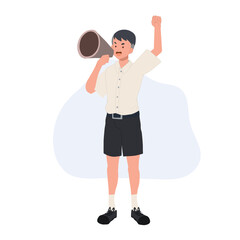 Thai student boy is using a megaphone to announce something. learning, education concept. Vector illustration