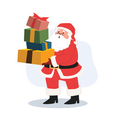 Happy Santa claus is holding a lot of gift box. Vector illustration.