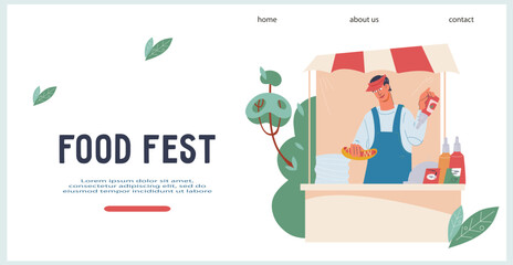 Food fest web banner or landing page mockup, flat vector illustration. Street food festival or food market website interface with cartoon vendor in stall and buyers.