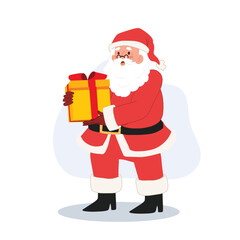 Happy Santa claus is holding gift box. Vector illustration.