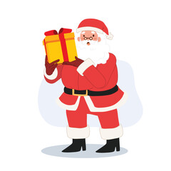 Happy Santa claus is holding gift box. Vector illustration.