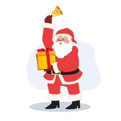 Happy Santa claus is holding gift box and ring the bell. merry christmas. Vector illustration.