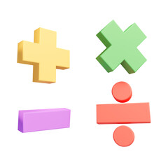 Fototapeta premium 3D Mathematic education symbols on isolated white background. Math operation concept. computation icon colorful Geometry shape, multicolored objects, 3D rendering.