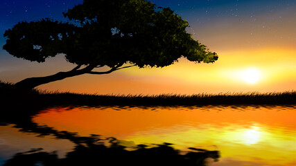 Fototapeta na wymiar Sunset landscape illustration with tree in silhouette.