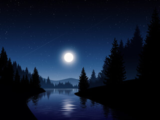 Tranquil night in pine forest with river, moon and stars.