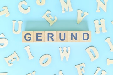 Gerund concept in English grammar and learning class lesson. Wooden blocks typography word flat lay in blue background.