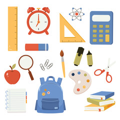 School supplies and items set isolated on white background. Back to school elements. Education accessories. Vector illustration cartoon flat style