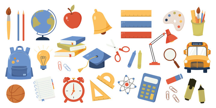 Big set of school supplies and items  isolated on white background. Back to school elements. Education accessories. Vector illustration cartoon flat style