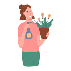 Creative type of thinking concept. A woman waters a plant with light bulbs. Flat vector illustration