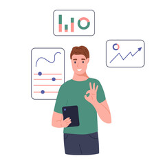 Analytical type of thinking concept. The man shows the ok sign. Flat vector illustration